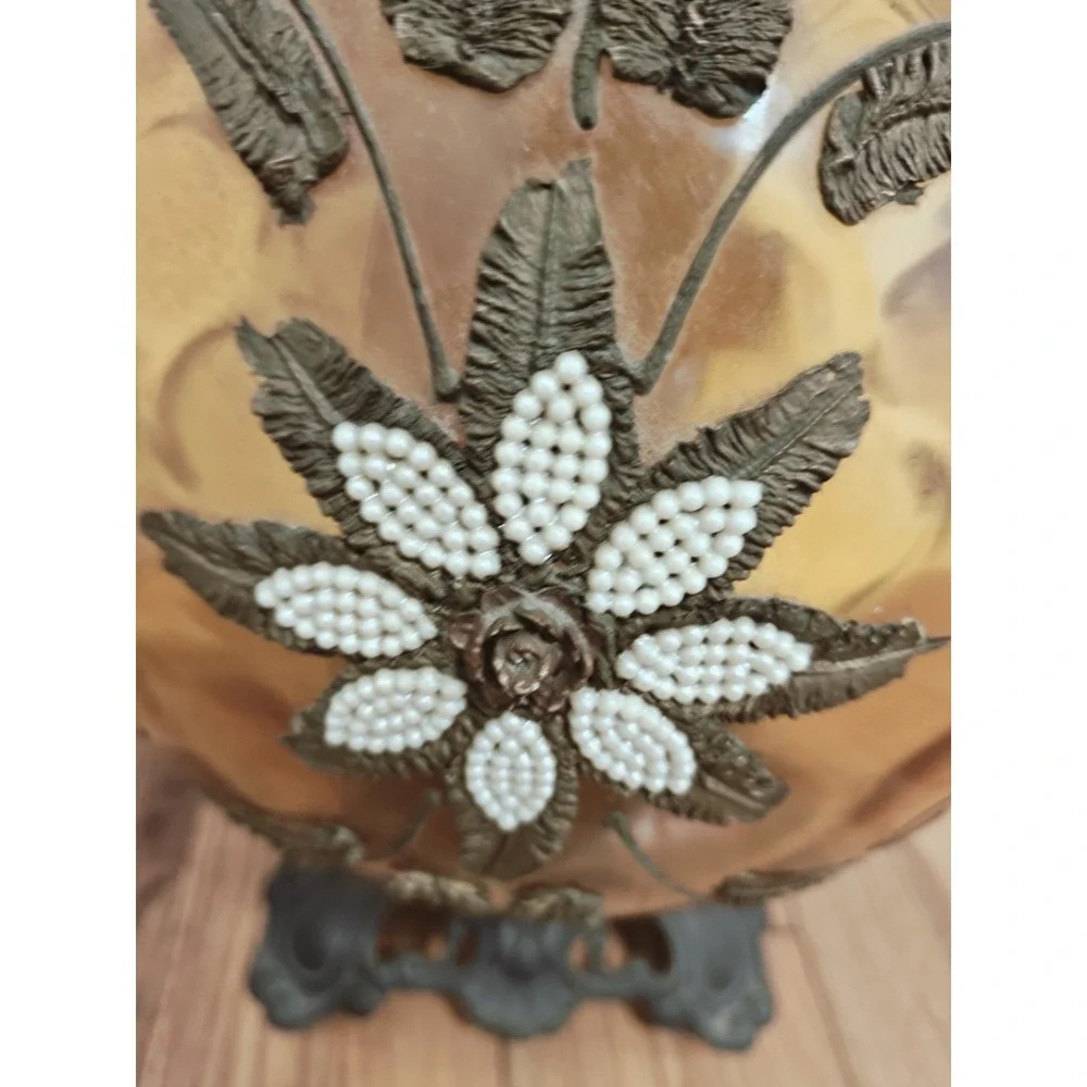 Mid Century Modern Amber Round Glass Table Lamp Leaf Floral Appliqué It Works